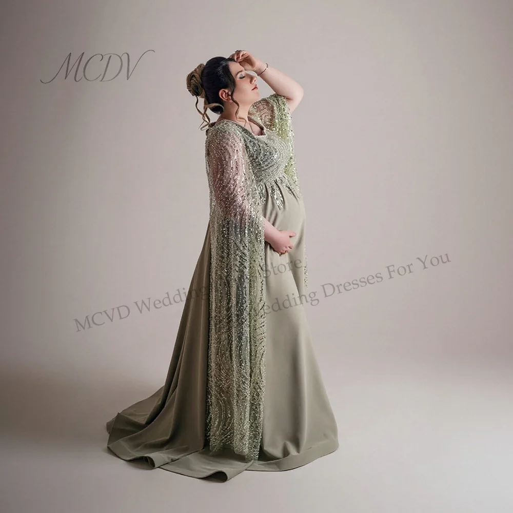 Sage Green Maternity Evening Dress With Sparkly Beaded Sequin Elegant Satin Formal Party Gown For Pregnant Women Customized