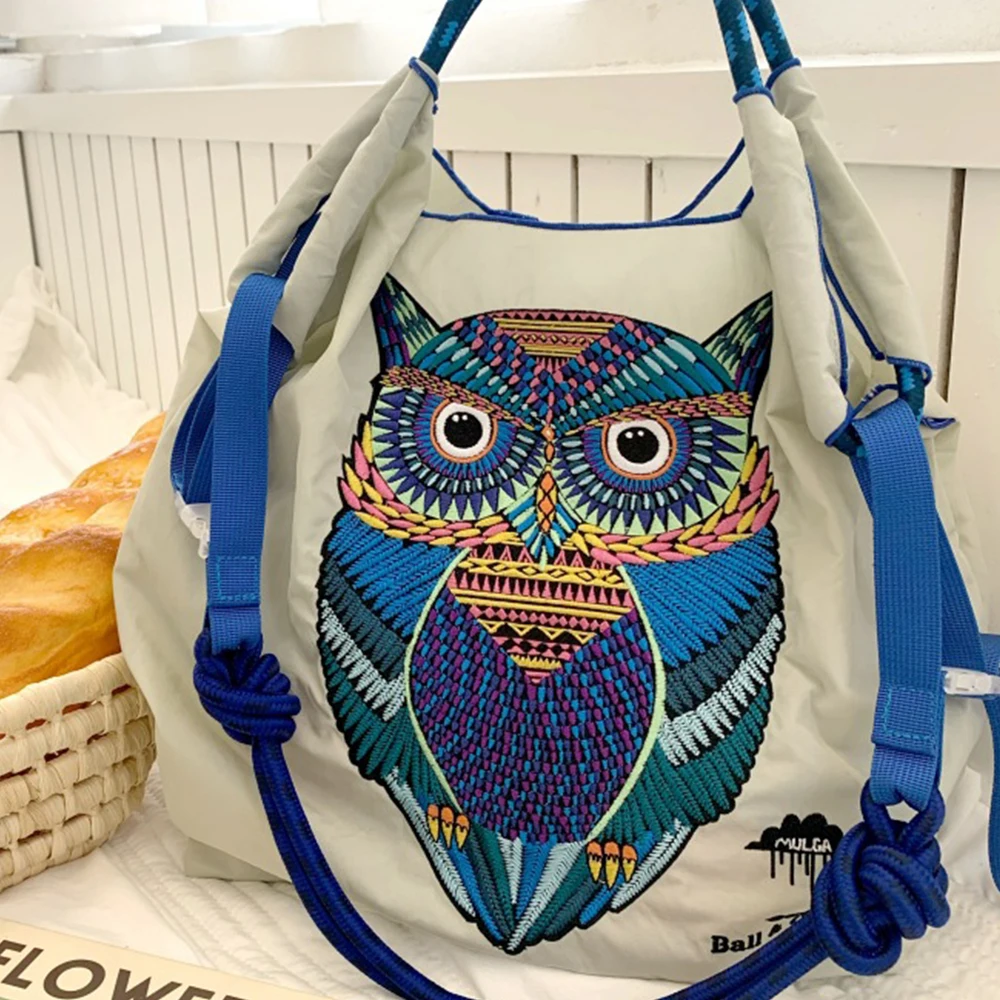 Designer Owl Embroidery Tote Bag Rope Handle Shoulder Bags Brands Nylon Handbags and Purses Large Ball Eco Bag Shopper Purses