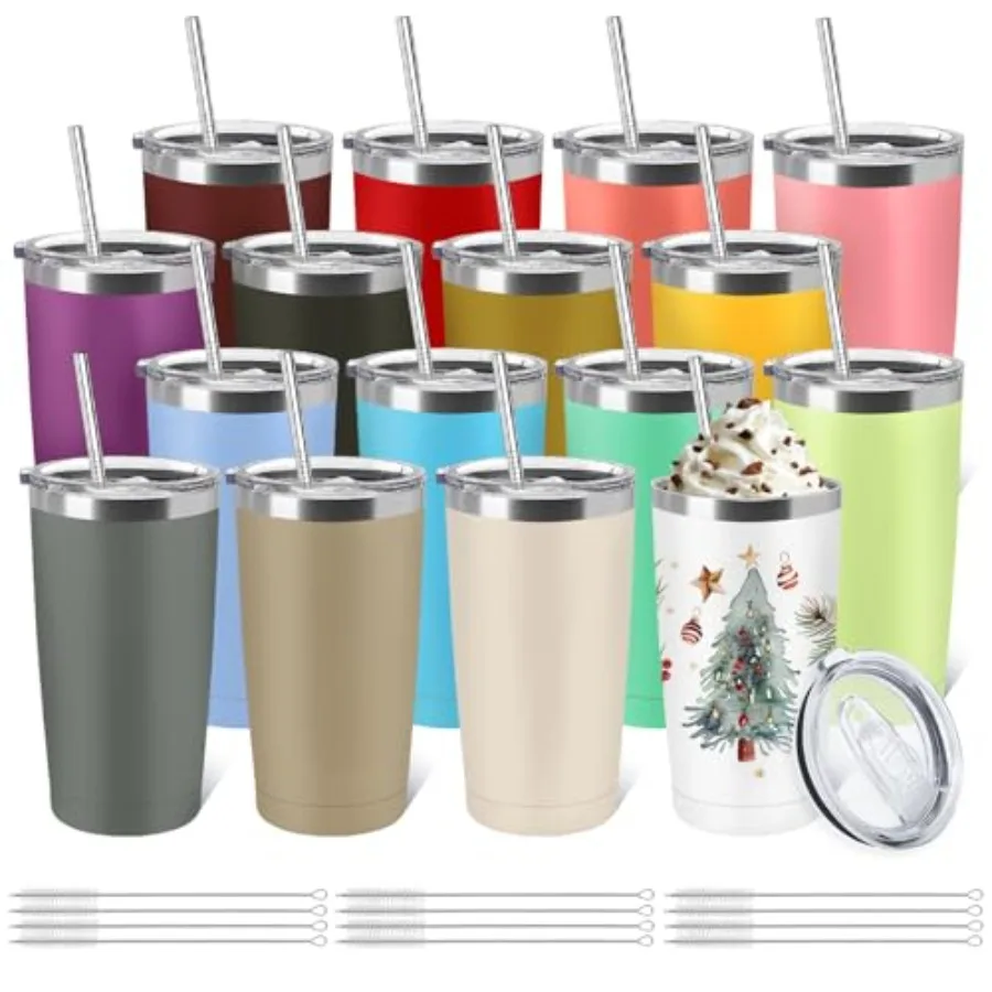 

16 Pack Stainless Steel Tumbler 20oz Insulated Vacuum Travel Mug Powder Coated for Coffee Wine Cocktails Hot Cold Drinks Assort