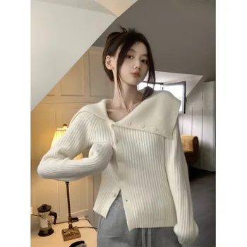 노칼라 스웨터 여성용 스트레이트 핏 봄철 노칼라 니트 비정형 큰 칼라 여성용 스웨터 니트웨어 스웨터 스웨터