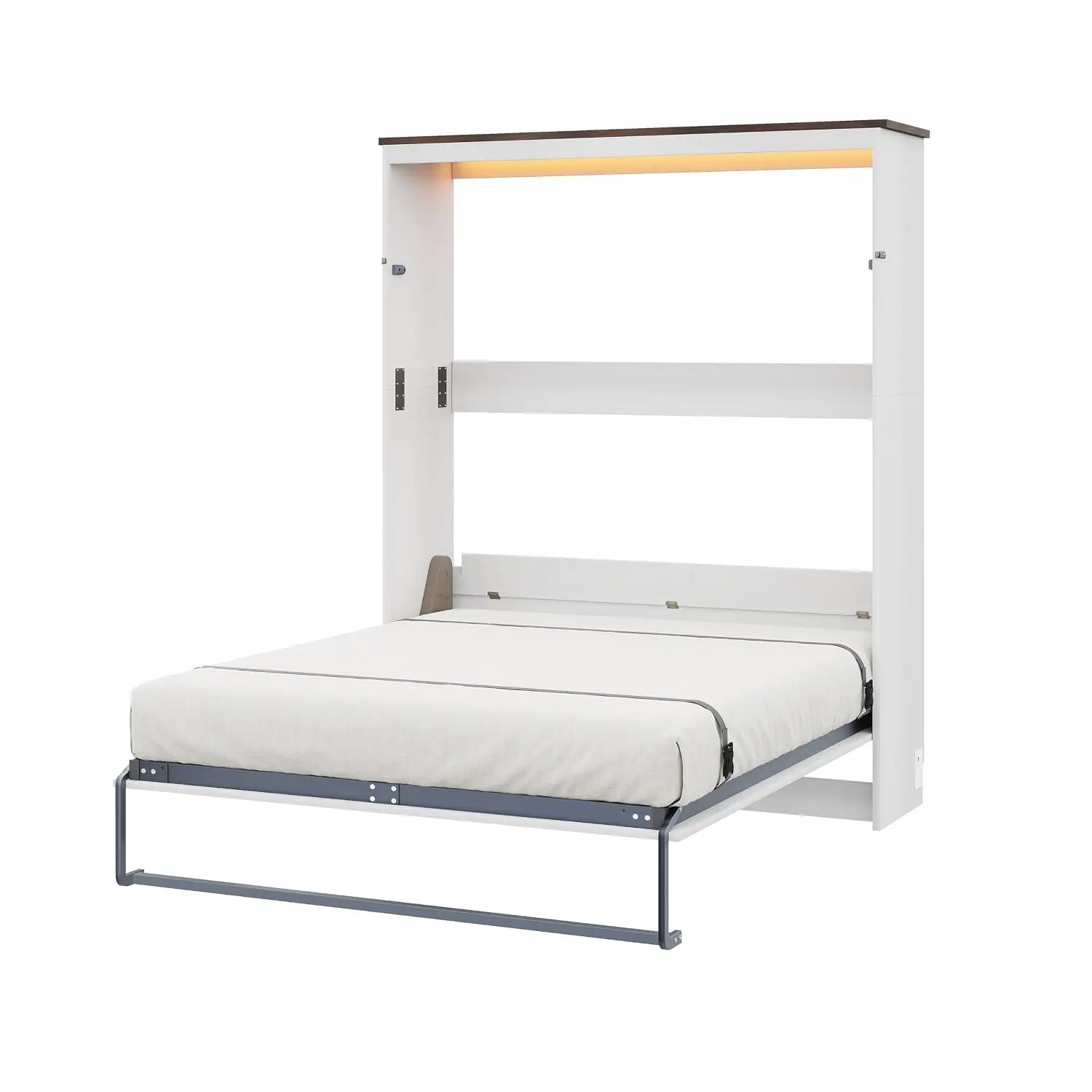 White Murphy Bed with LED Light & Power Outlet, Gas Strut Fold-Down Wall Bed for Guest Room or Home Office, Customized