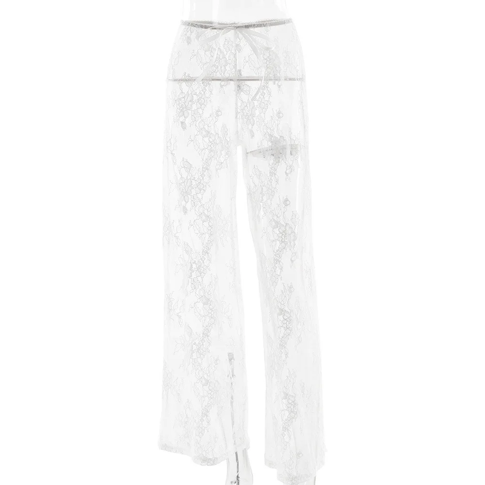 Pantaloni dritti larghi casual alla moda per ragazza calda lunga sexy a vita alta velata in pizzo nuovo estivo da donna