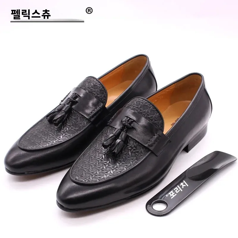 FELIX CHU Men\'s Genuine Leather Tassel Loafers Italian Luxury Fashion Slip-On Dress Shoes for Parties Weddings Casual Wear