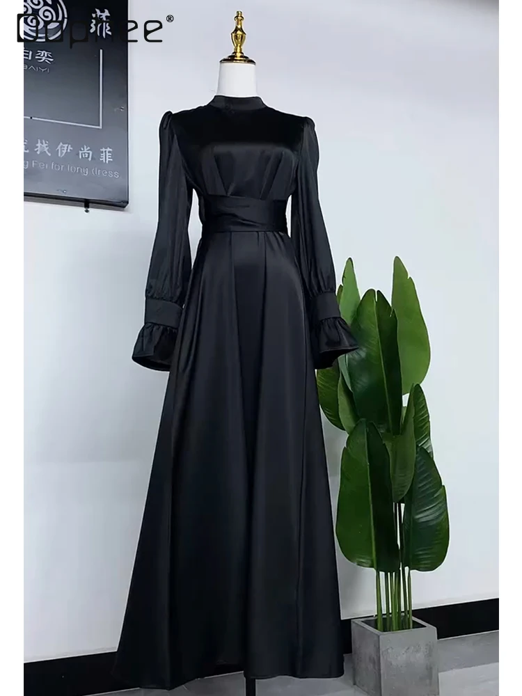 

French Style Black Hepburn Long Sleeve Dress for Women, High-End Slim Acetate Satin Thin Long Dress Socialist Evening Dresses