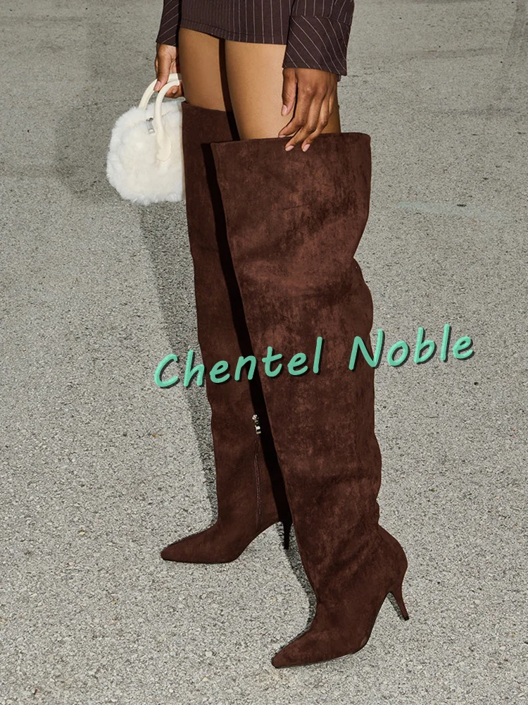 Faux Suede Upper Solid Knee-high Boots Pointed Toe Stiletto Heel Crotch-High Shaft Sexy Women Boots Solid Thin High Heels 2025