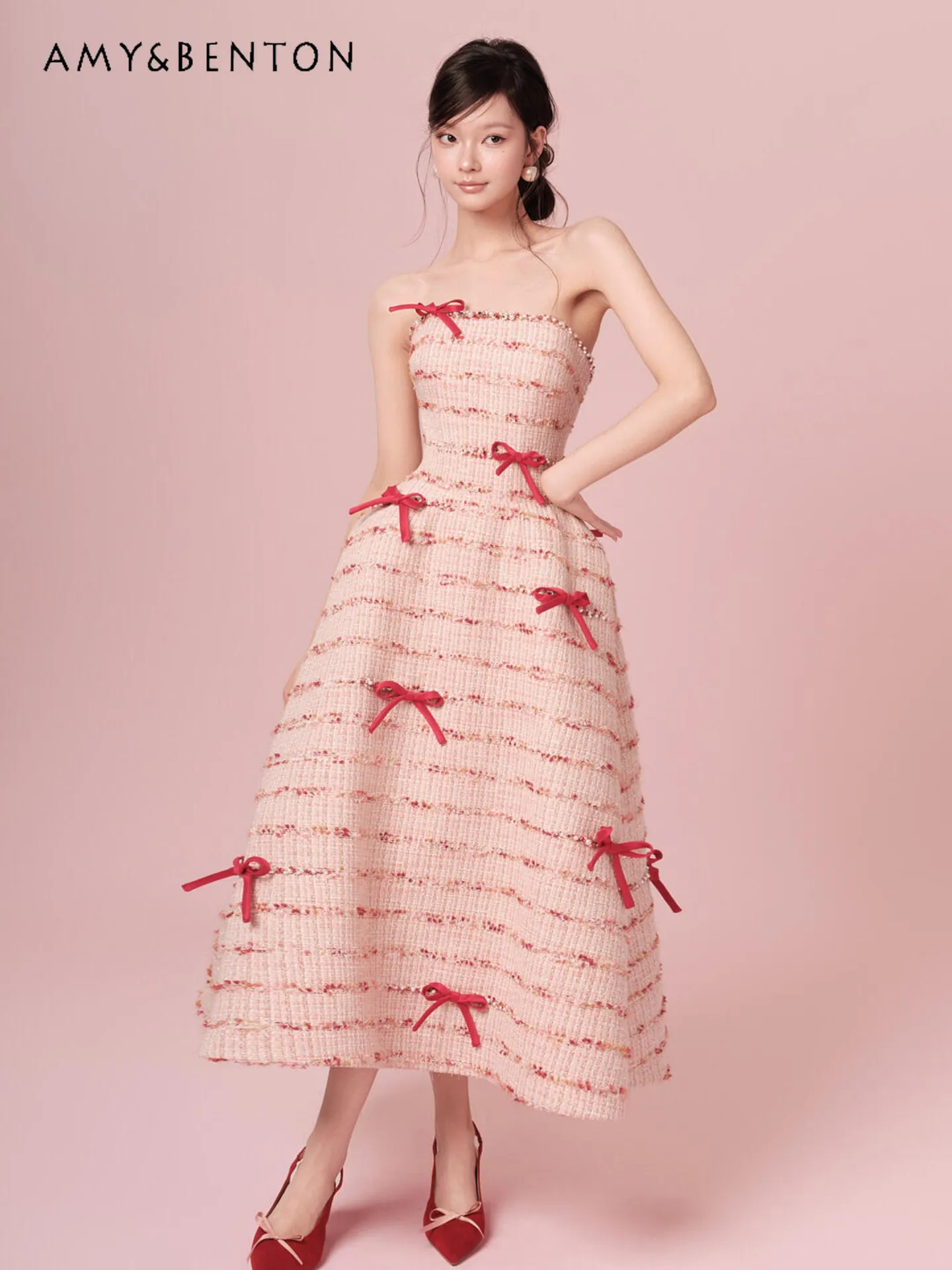 Roze strik toastjurk verlovingsbruiloft slim fit jurk verjaardagsfeestje gastheer coming-of-age ceremonie strapless jurk