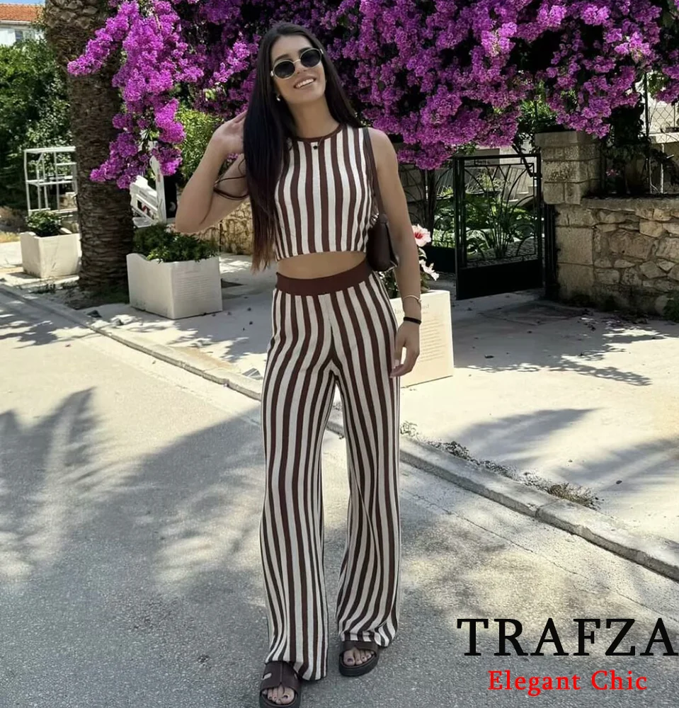 TRAFZA Casual Striped Knit Vest Set Women New 2024 Spring Summer Fasion Vacation Vest Pant Set Sleeveless Top Elastic Waist Pant