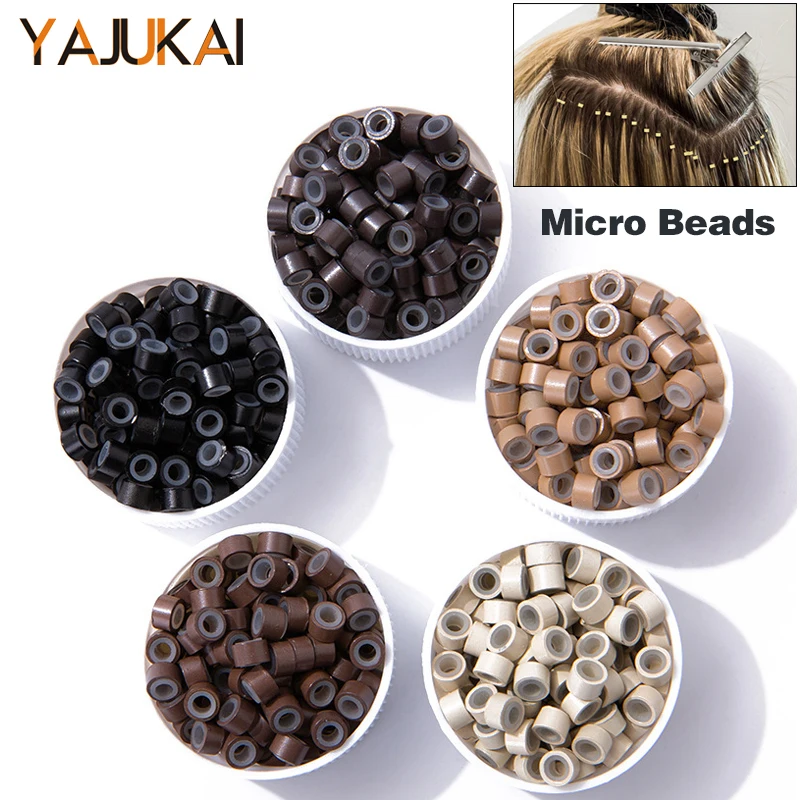 100Pcs Hair Extensions Beads Silicone Lining Micro Rings Beige Black Hair Micro Loop 5*3*3Mm Micro Nano Rings For Link Hair