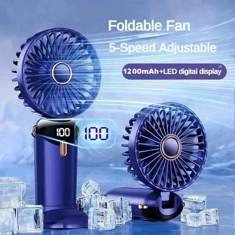 Ventilateur portable USB à suspendre au cou, 1200 mAh, pliable, 5 vitesses, rechargeable, avec support pour téléphone et écran LED