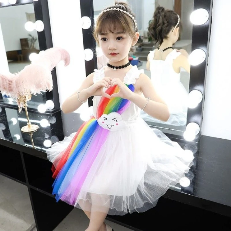 

Rainbow Dress Summer 2023 for Kids Girl New Style Western-style Suspender Elegant Net Yarn Princess Casual Dresses Kids Clothes