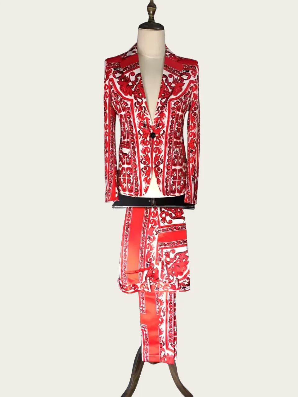 Fashion Male Red Slim Flower Print suit Costumes Men's Blazer Formal dress Nightclub DJ singer dancer singer show performance