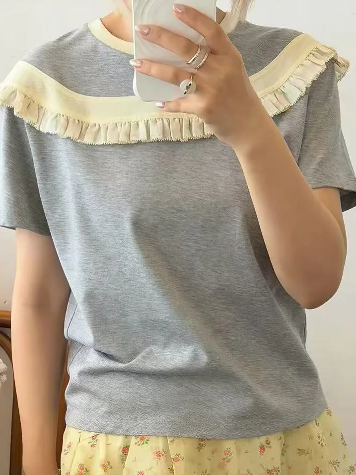 

New 26S Retro Color Block Short Sleeve T-Shirt Women's round Neck Fake Double Collar round Neck T-Shirt Cotton Blend Spring S...