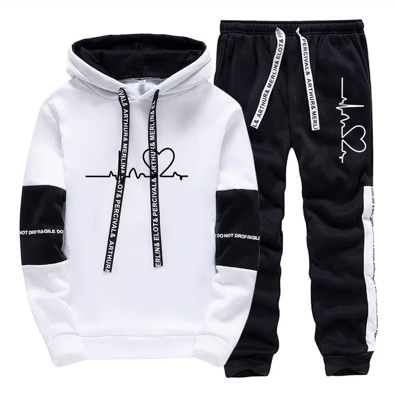 

Hot Sales Men's Tracksuit Heart Print Casual Hooded Sweatshirts Sweatpants 2 Piece Set Comfort Daily Classic Black White Men Set