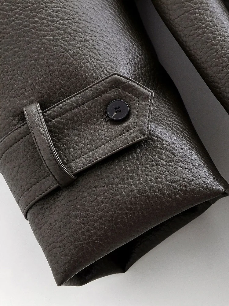 HH أنثى موضة جديدة مزدوجة الصدر الجلود الاصطناعية التلبيب معطف طويل امرأة طويلة الأكمام جيوب عالية الشارع حزام سترة واقية #4