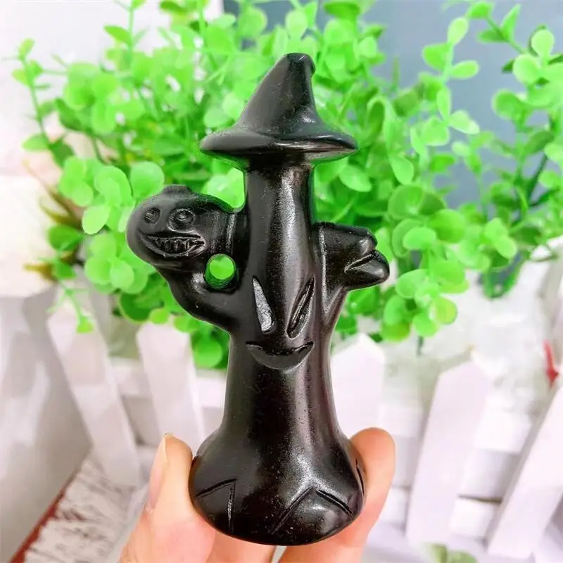 

Natural Black Obsidian Pumpkin Monster Healing Crystal Carving Cyte Home Decoration Children Halloween Style Gift 1pcs