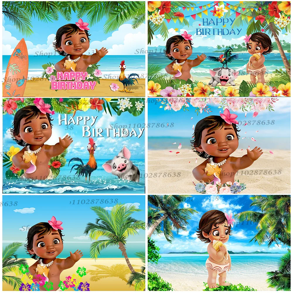 Little Moana Birthday Backdrop Decorations Girls Baby First Party Backgrounds Blue Ocean Seaside Ddventure Brave Vaiana Banner