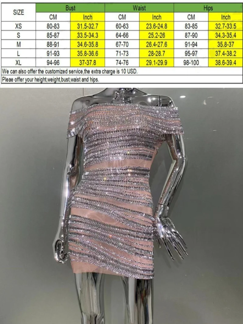 Luxury Sparkling Rhinestone Sexy One-Word Collar Transparent Mesh Mini Dress For Birthday Party Celebration Luxury Evening Gowns