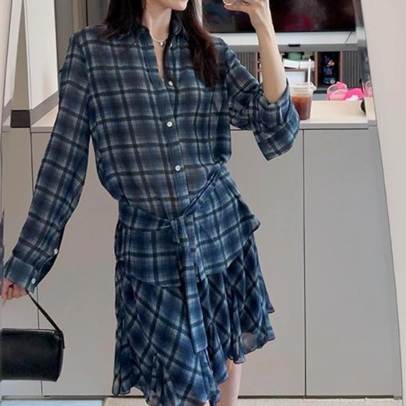

Винтажная темно-синяя клетчатая рубашка, повседневная непринужденная ленивая юбка, темпераментный комплект