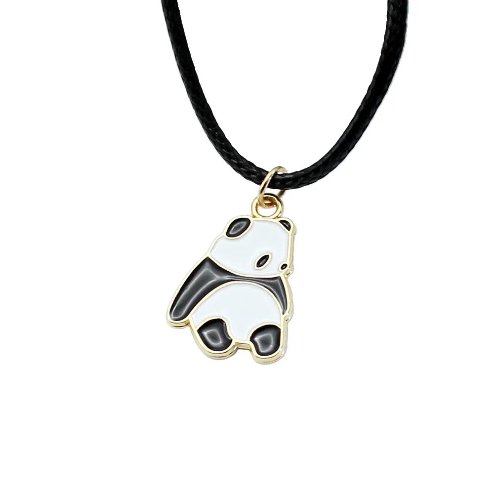 Goth Panda Short Animal Pendant Choker Chain Necklace for Women Black Leather Braid Wax Cord Halloween Jewelry Accessories