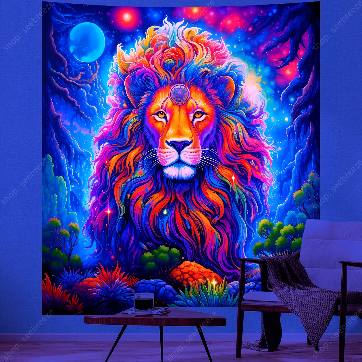 Psychedelic Animal Tapestry Cool Lion UV Reactive Tapestry Wall Hanging for Hippie Kawaii Room Decor Beach Towel Gift for Friend