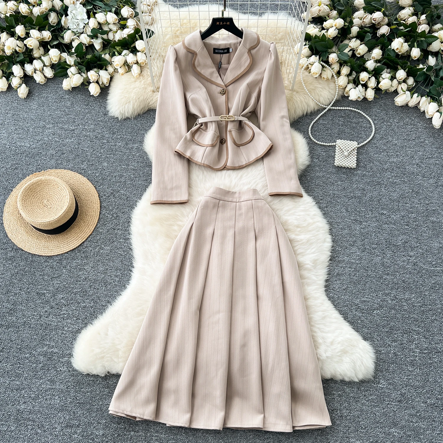 Women Two-Piece Sets Vintage Notched Long Sleeve Buttons Sashes Top High Waist Skirt Korean High Street Autumn Winter Clothing