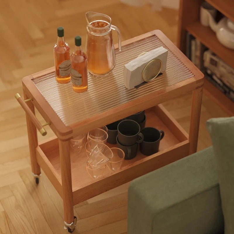 

Solid wood creative living room simple light luxury sofa small side table glass coffee table movable trolley