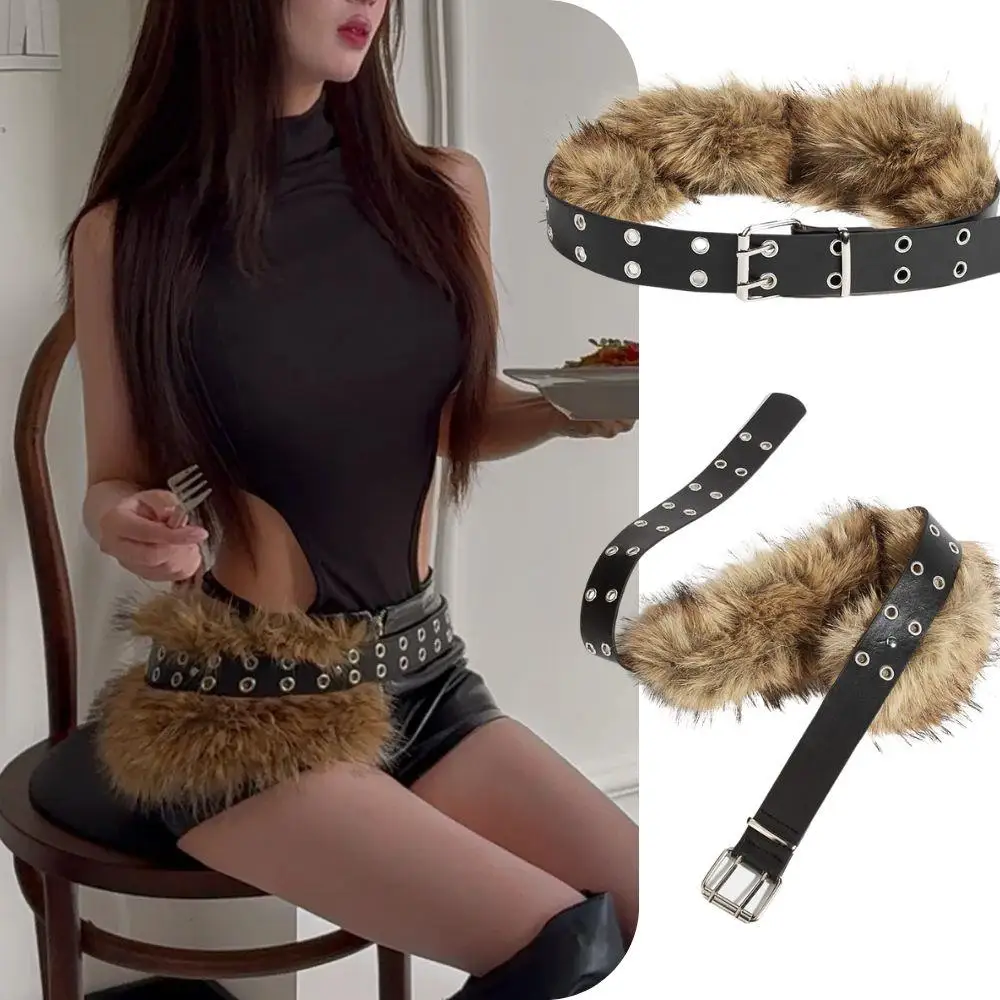 

Punk PU Leather Fur Belt Corset Y2K Furry Fur Waistband Metal Plush Women's Belt Gothic Sexy Studded Fur Belt Hiphop Jeans Belts
