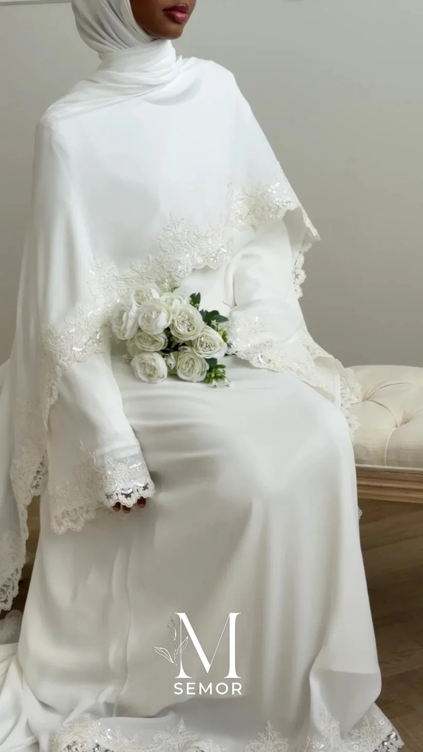 Semor White Muslim Bridal Abaya Set Chiffon Fabric Intricate Lace Decoration Dignified Hijab Modest Wedding Gown Customized