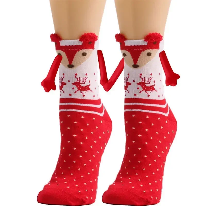 2024 New 1 Pair of Christmas Theme Magnetic Hand-holding Socks Unisex Hand-holding Long Girls Harajuku Cute Couple Cotton Socks