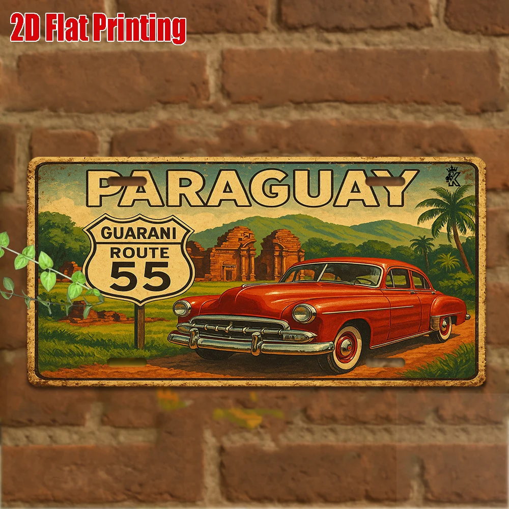 Placa de Metal Vintage 2D Plana (1 unidade) para Fins Decorativos, Placa de Alumínio do Paraguai, Decoração Retrô de Viagem, Arte de Parede Rota Guarani