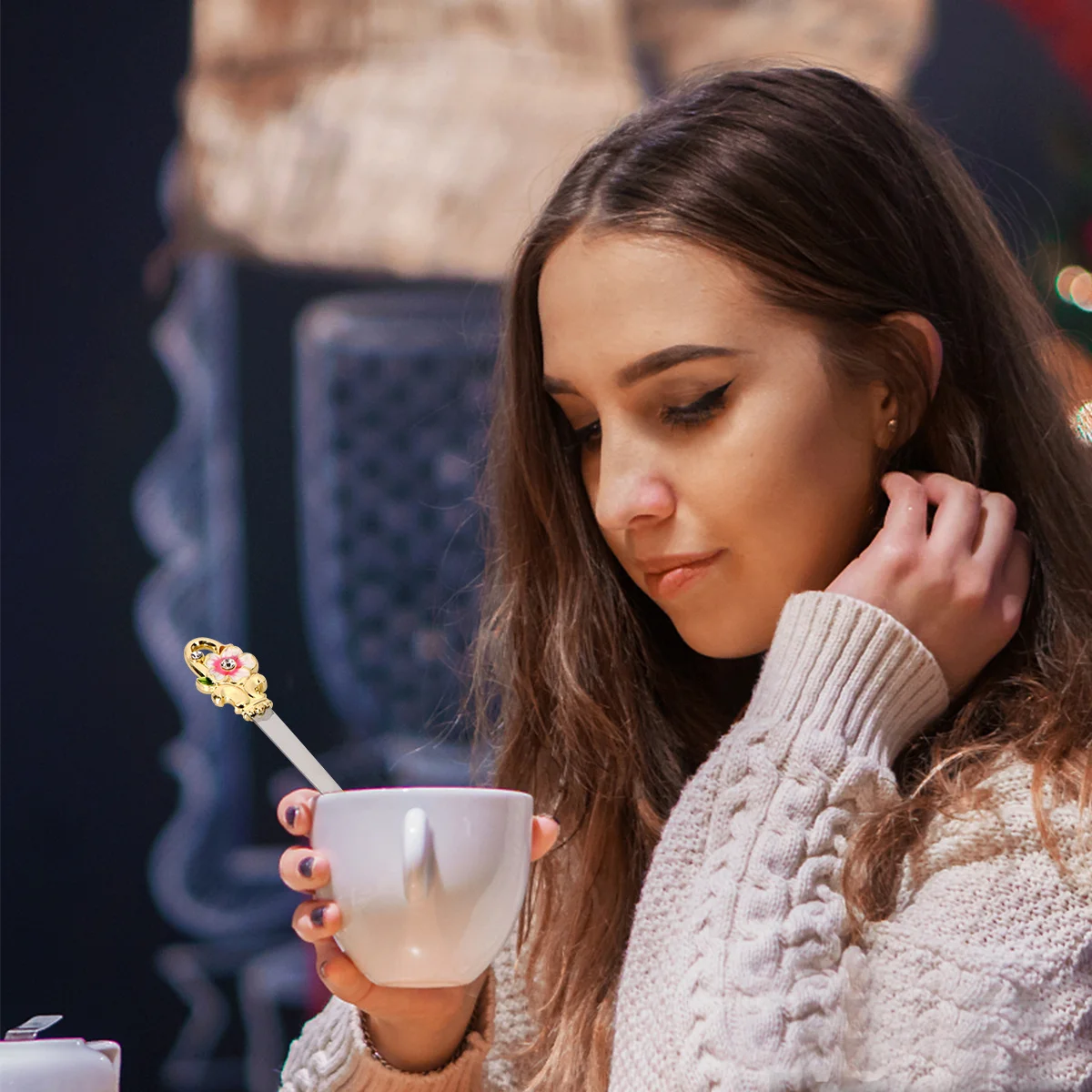 

Stainless Steel Enamel Coffee Spoon Floral Shape Mirror Finish Dessert Scoop Suitable for Coffee Tea Ice Cream