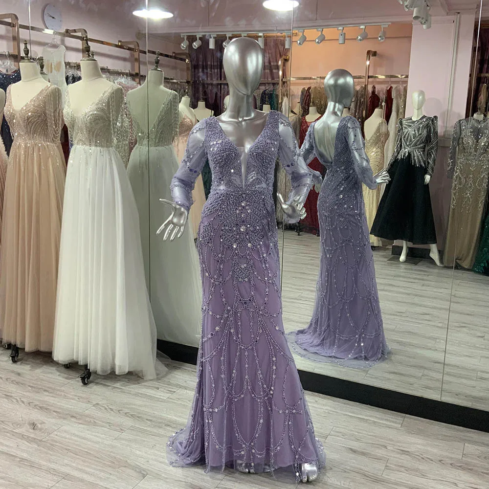 YQLNNE Light Purple Long Sleeves Mermaid Evening Dresses V Neck Embroidered Baeding Formal Party Gown