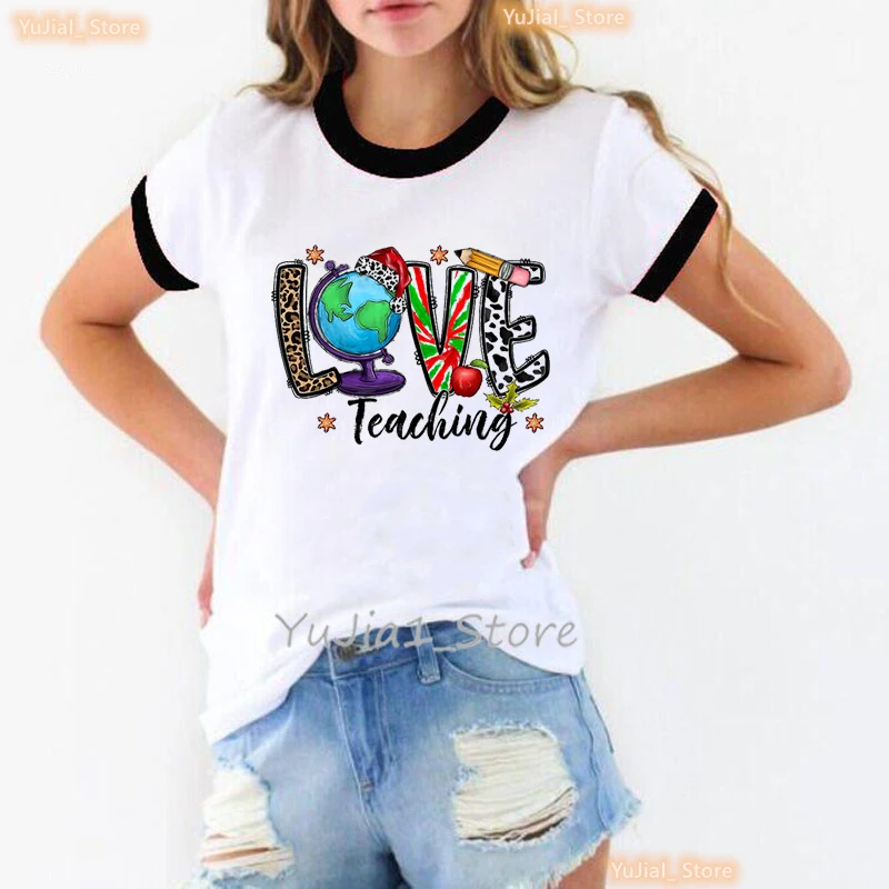 

New Hot Sale Leopard Love Teaching Graphic Print T Shirt Women Merry Christmas Gift Tshirt Femme Fashion Techer Life T-Shirt