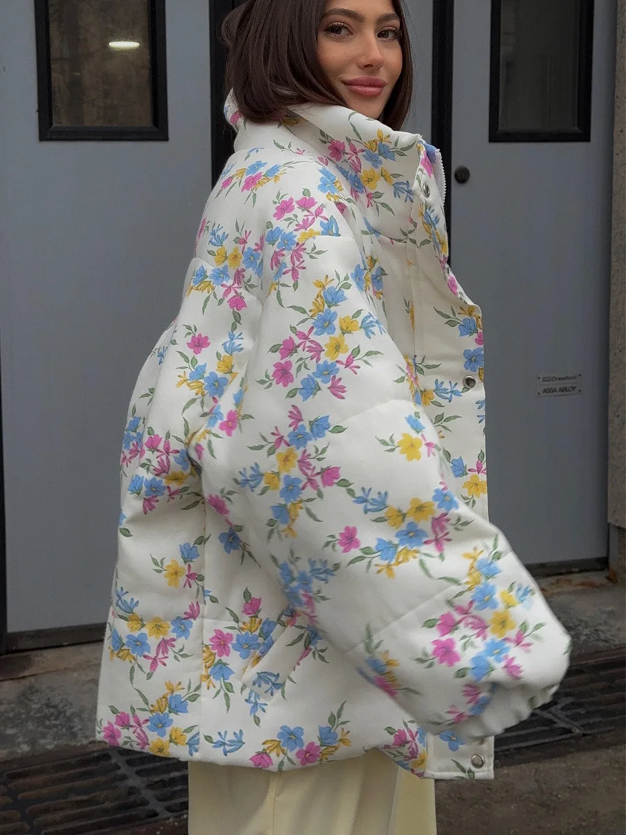 Bornladies nueva chaqueta acolchada para mujer cuello levantado cierre de cremallera estampado Floral abrigo relleno de algodón cálido de gran tamaño Otoño Invierno