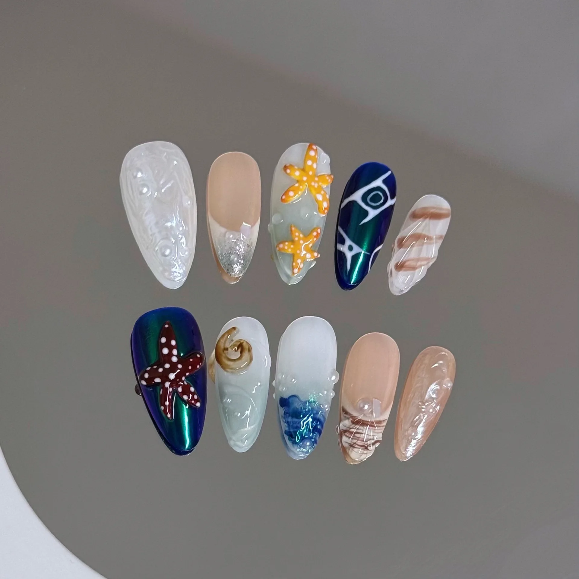

Handmade Press on Nails Summer Seaside Blue and White Ocean Fresh Ins Hand Drawn Micro Carved Shell 3D Water Wave Nail Patch
