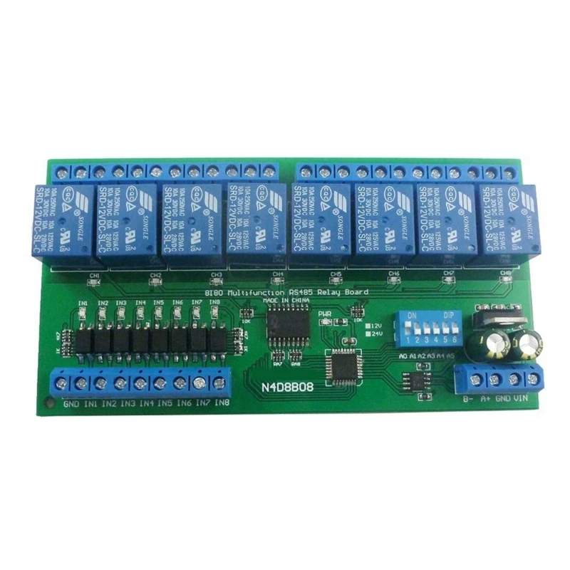 

DC12V 24V UART RS485 Relays Module Inputs 8 Outputs Isolation Modbus RTU Control Switches Board with DIN35 C45 Box