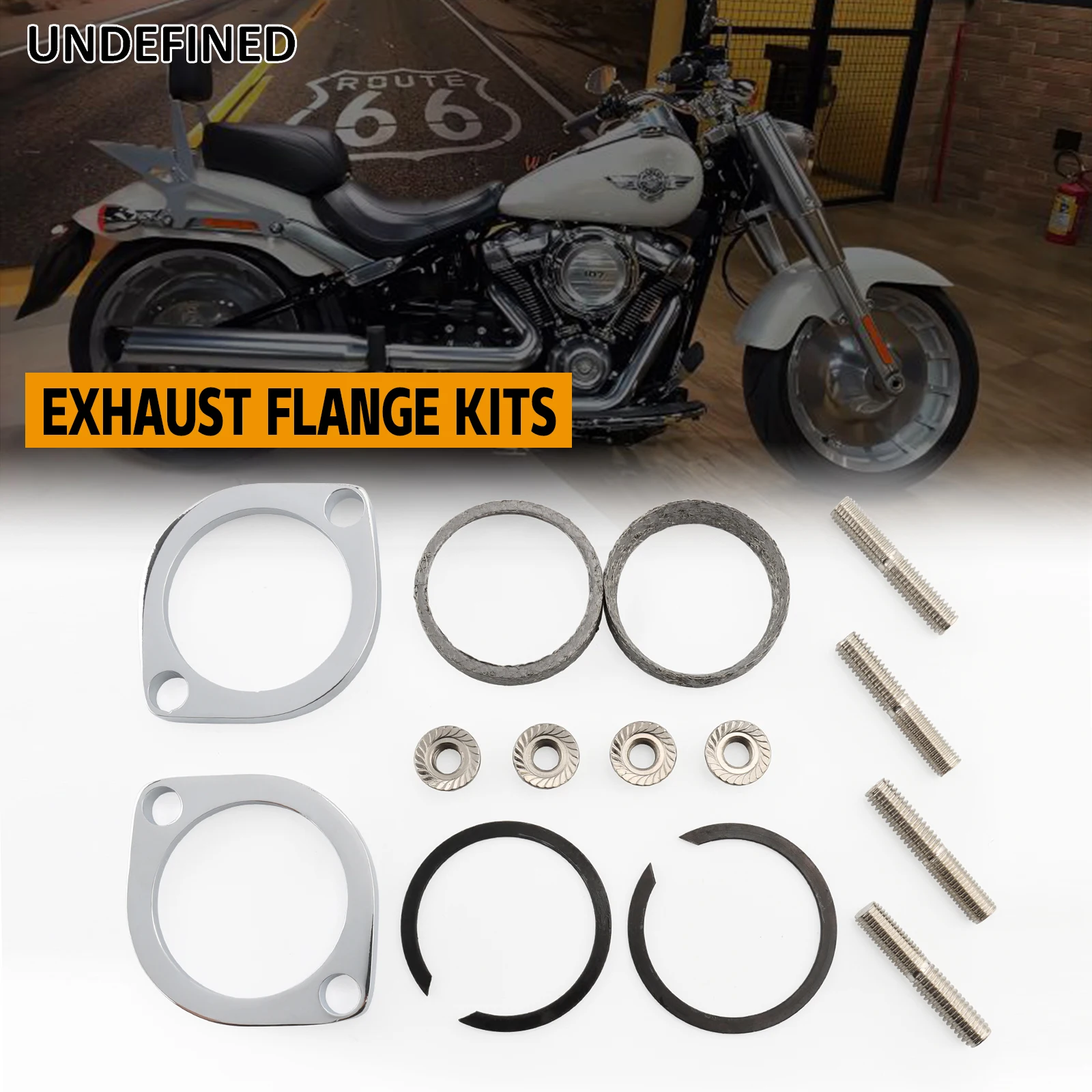 Exhaust Flange Install Kit Pair Flanges Gaskets C-Clips Nuts Washers For Harley Big Twin Softail Touring Sportster Dyna 30-0205