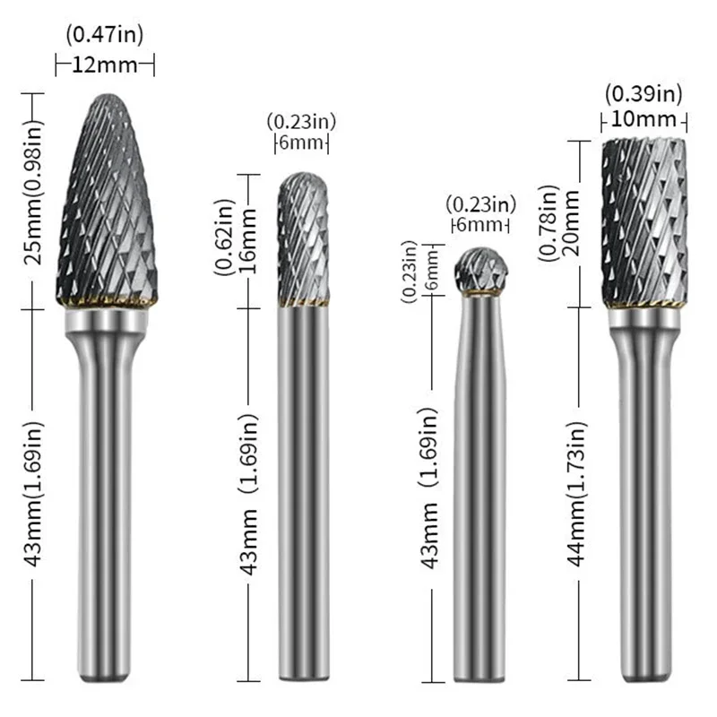 Juego de rebabas rotativas de carburo de tungsteno, brocas de grabado CNC de doble corte, vástago de 1/4 "(6mm), nuevo