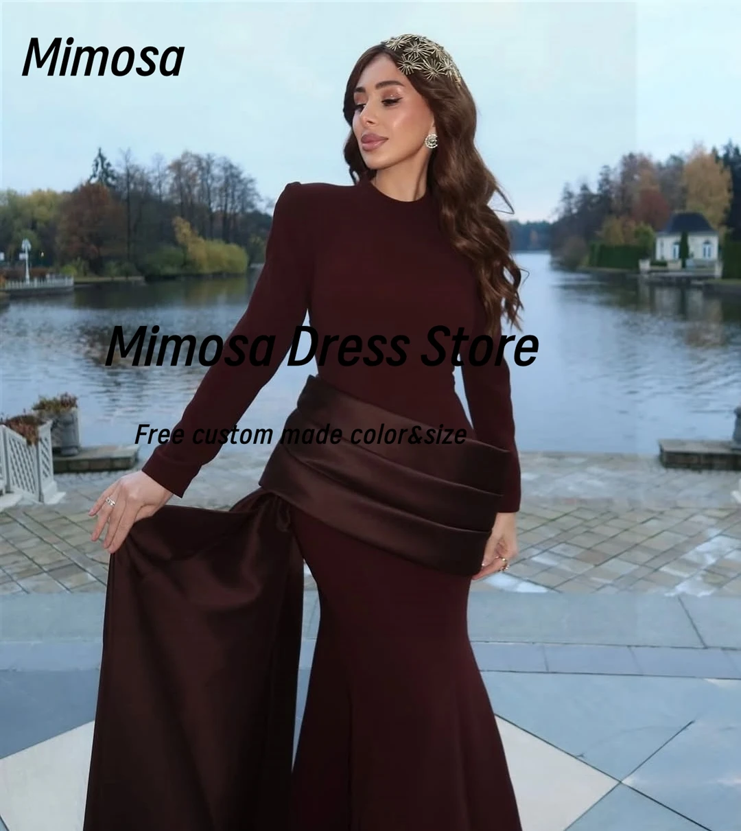 ชุดราตรีมิโมซ่าหรูหรา แขนยาว สำหรับงานพรอม งานราตรี ผู้หญิงซาอุดิอาระเบีย สวมใส่สบาย พร้อมชายกระโปรงแบบฟลัตเตอร์  ชุดเดรสออกงานกลางคืน  สามารถสั่งตัดได้