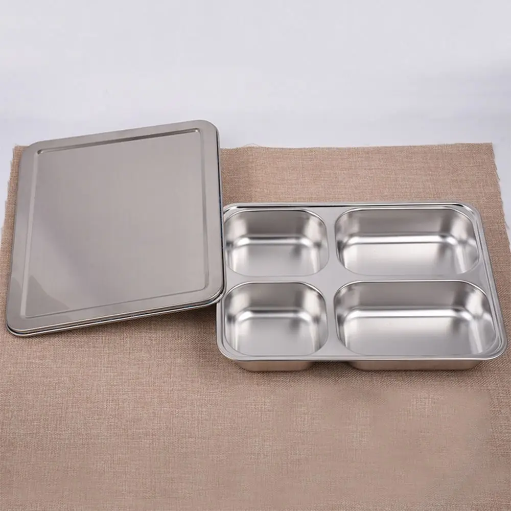 

Odorless Stainless Steel Divided Lunch Box Rectangular with Lid Fast Food Plate Rustproof Thickened Divided Dinner Tray Picnic