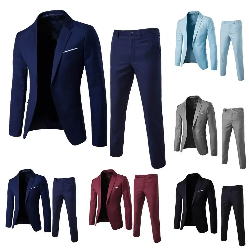 1 Set Stylish Formal Suit Temperament Men Blazer Pants Turndown Collar Pure Color One Button Suit Set  Daily Wear