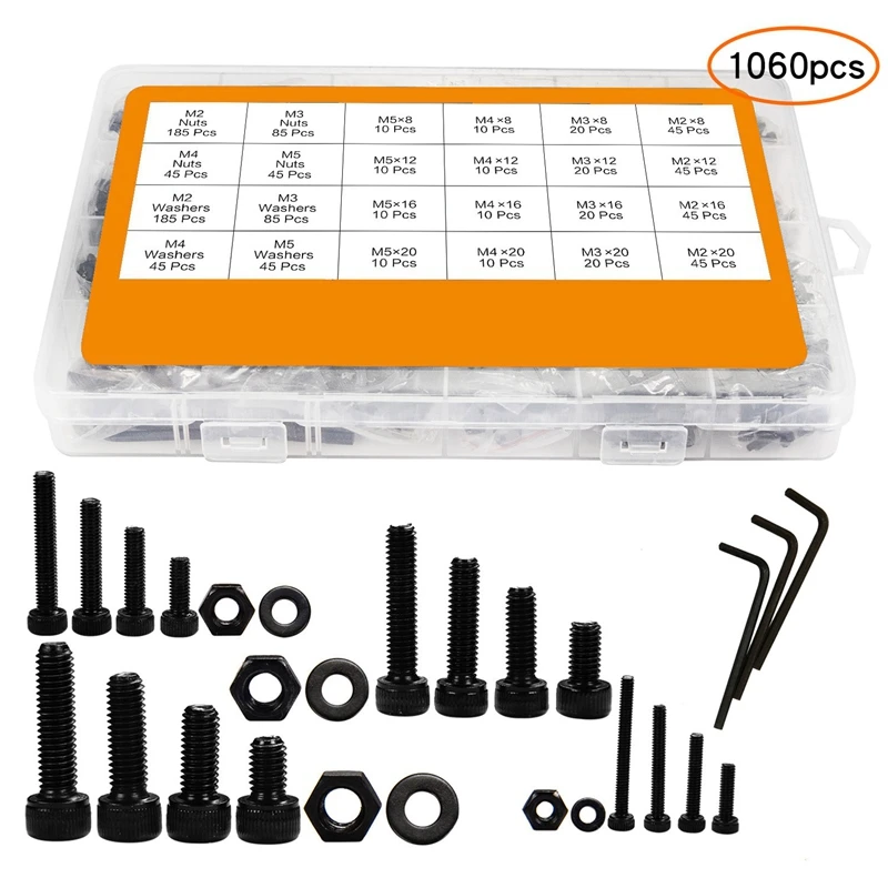 1060Pcs M2 M3 M4 M5 Hex Socket Screw Set Carbon Steel Flat Round Cap Head Screws Bolts and Nuts Assortment Kit