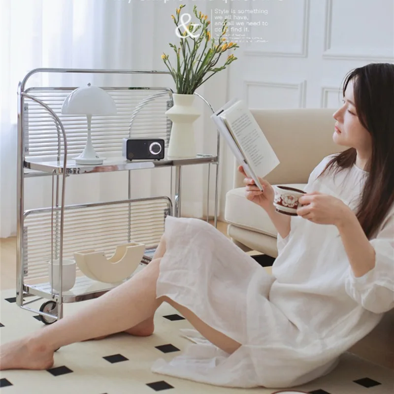 Vintage Transparent Glass and Stainless Steel Mobile Cart for Home Use Minimalist Side Table Coffee Table Rolling Buffet Cart