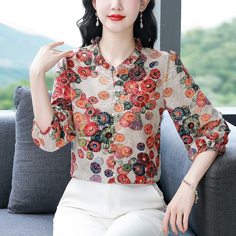 Chiffon Vintage Women's Shirt Summer Print Casual Women Blouses Loose Three Quarter Top V-neck Korean Version Clothing Sales