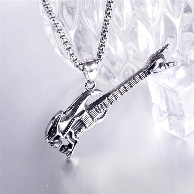 New Fashion Domineering Skull Bass Guitar Gesture Men's Necklace Retro Music Hip Hop Pendant Jewelry Accessories Gift Wholesale