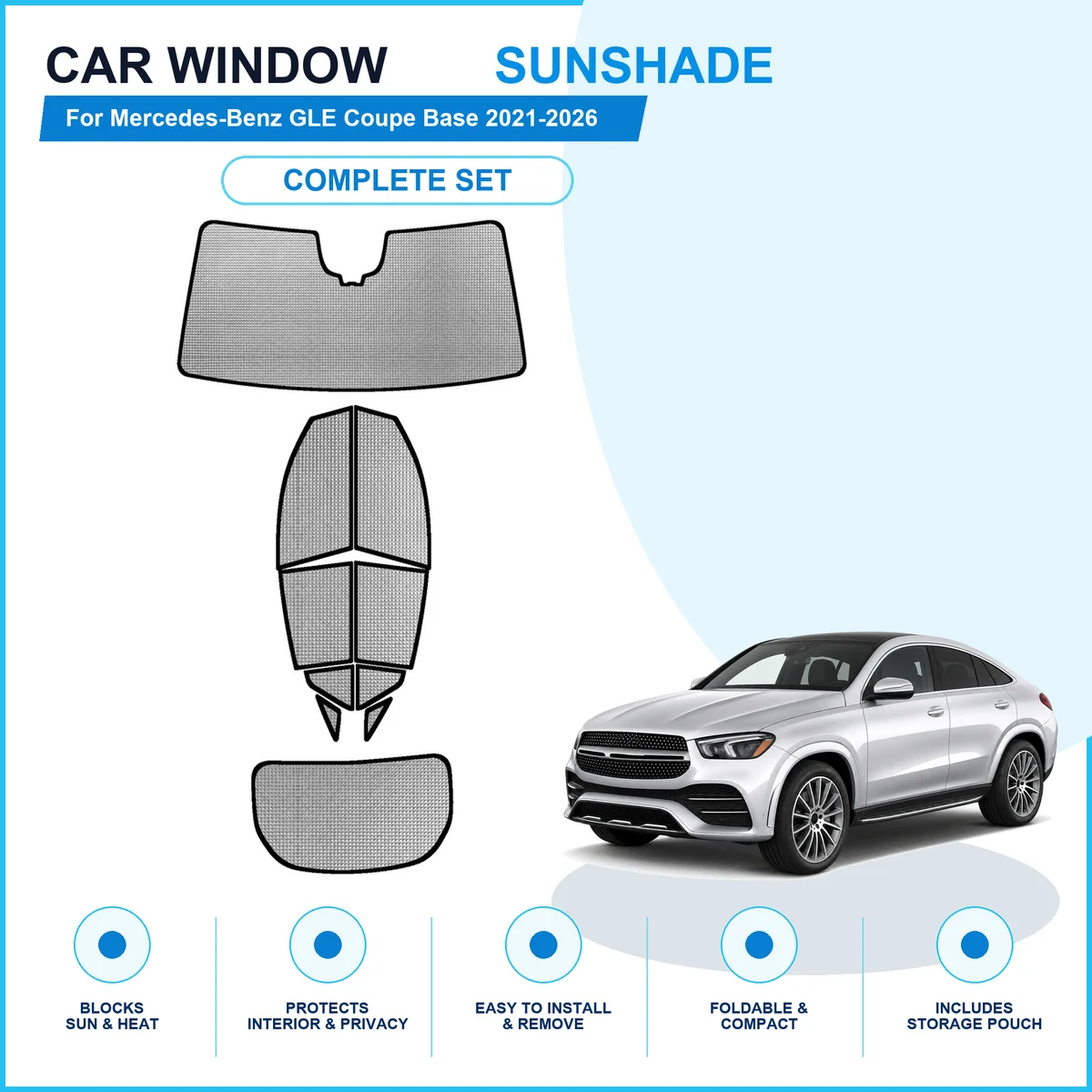 For Mercedes-Benz GLE Coupe Base 2021-2026 Custom Full Set Window Sunshades Aluminum Foil Suction Cup Anti UV Privacy