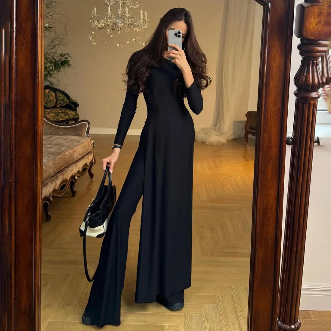 

Solid 2 Piece Set O Neck Full Sleeve Side Split Extra Long T-shirts Tops + High Waist Flare Pants Women Elegant Casual Suits