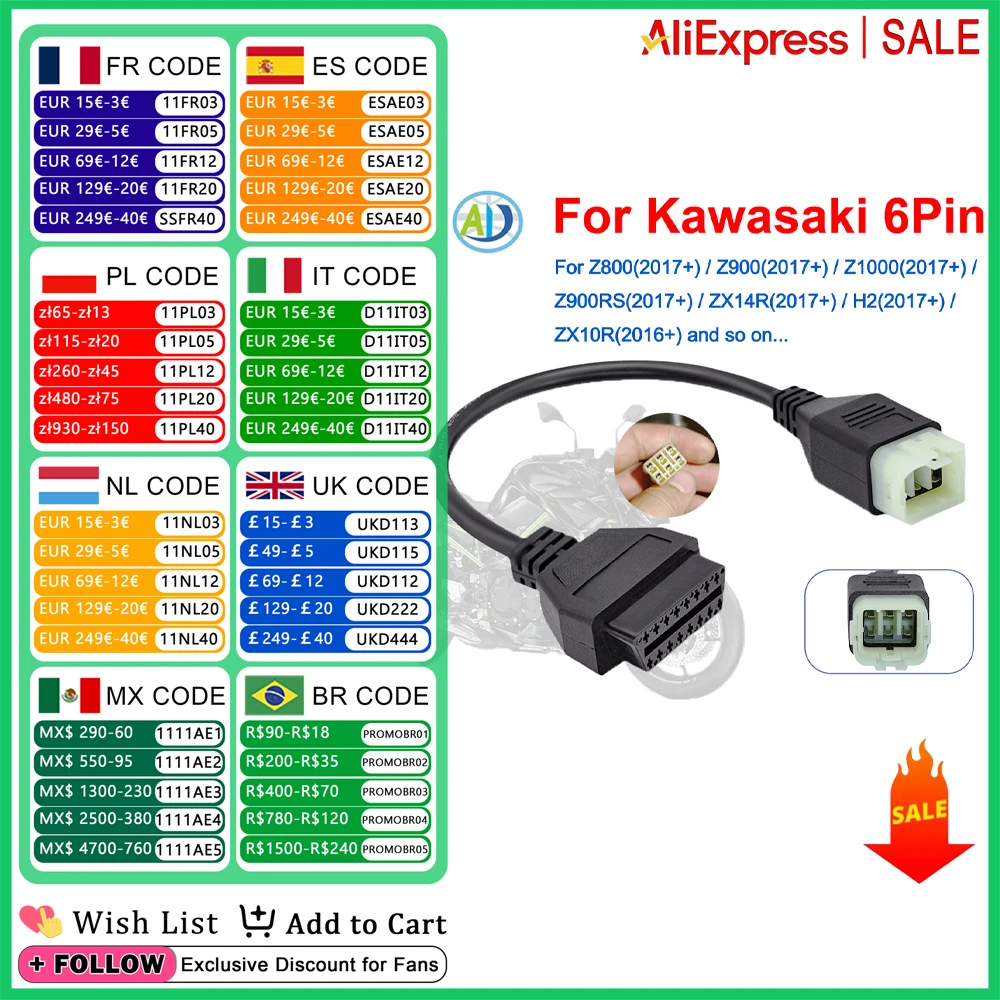 

For Kawasaki 6 Pin OBD Diagnostic Cable for Z900RS, Z800, Z900, Z1000, ZX10R, ZX14R, H2 Motorcycle OBDII Adapter Cable Connector