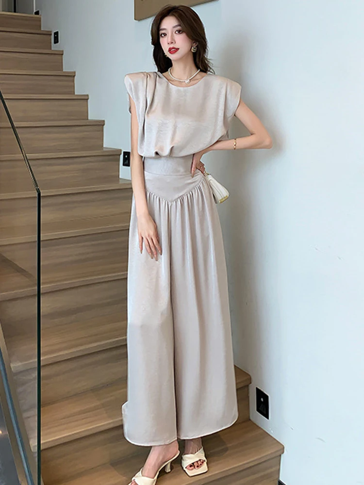 Elegant Lady Casual 2 Pieces Outfits Women Clothes Sleeveless Loose Tops Shirt Blouse And Wide Leg Loose Long Pants Trousers Set