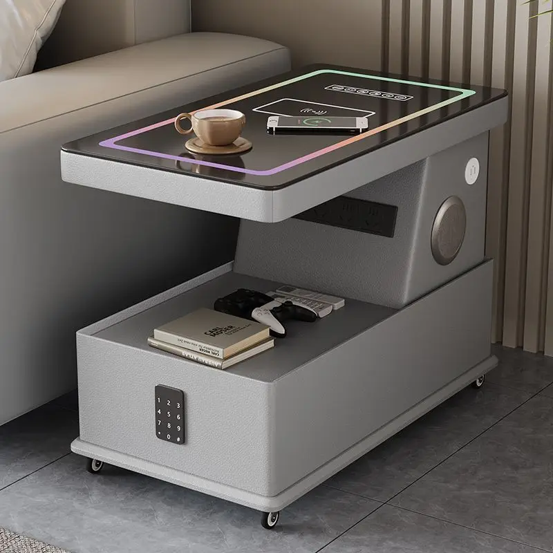 Modern Luxury Tempered Glass Smart Side Table Wooden with Wireless Drawer Speaker Sofa Living Room Bedroom Bed Side Table Design